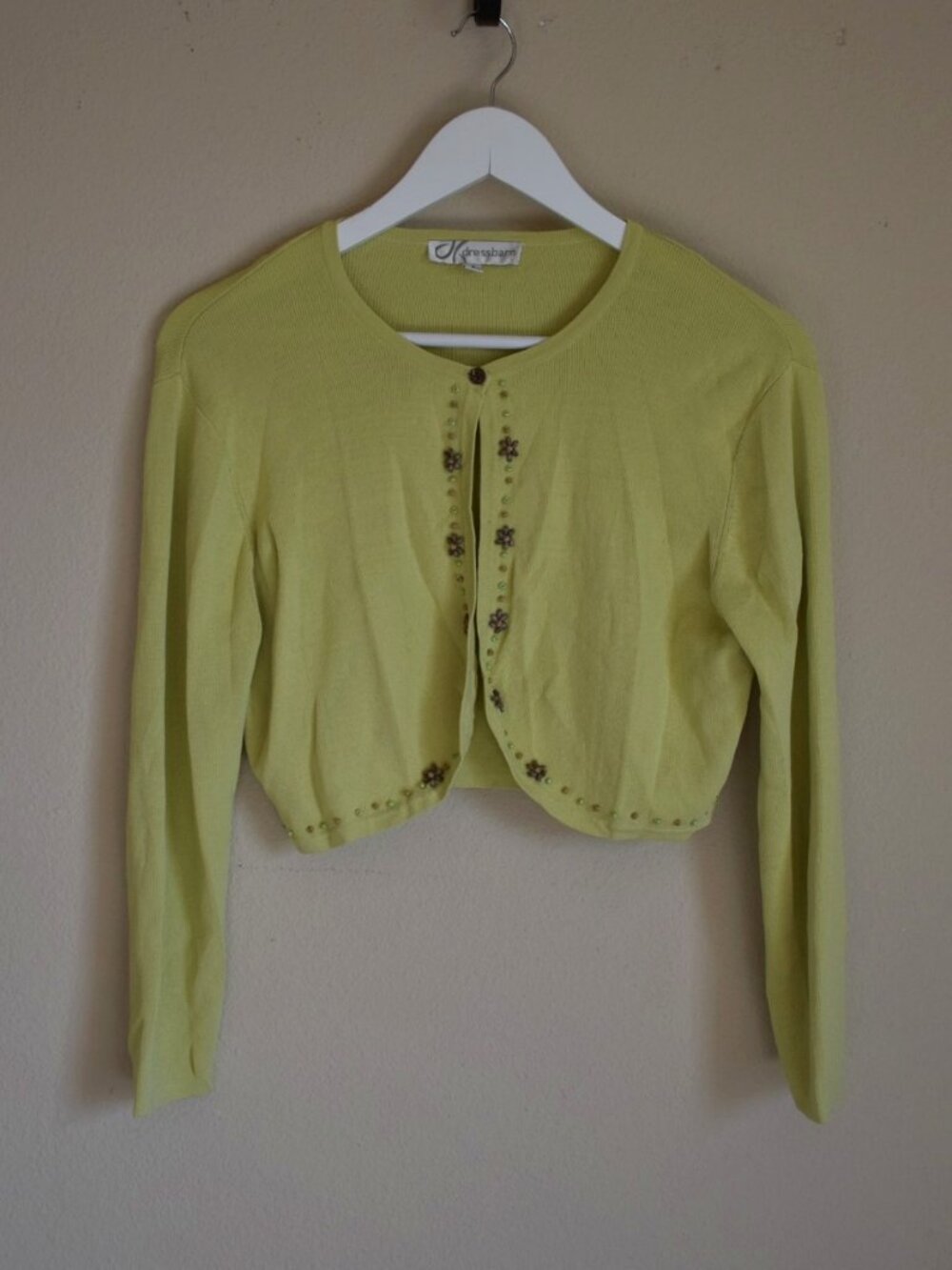 Dressbarn Chartreuse Beaded Floral Cropped Cardigan Size 8